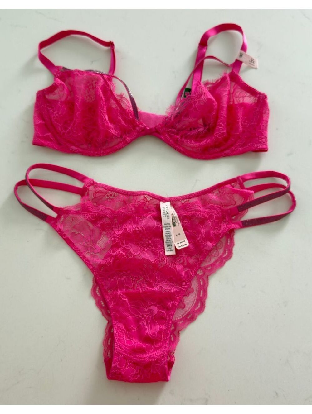 VS Very Sexy Shine Strappy Unlined Lace Low-Cut Demi Bra Panty Set Size 36C/L